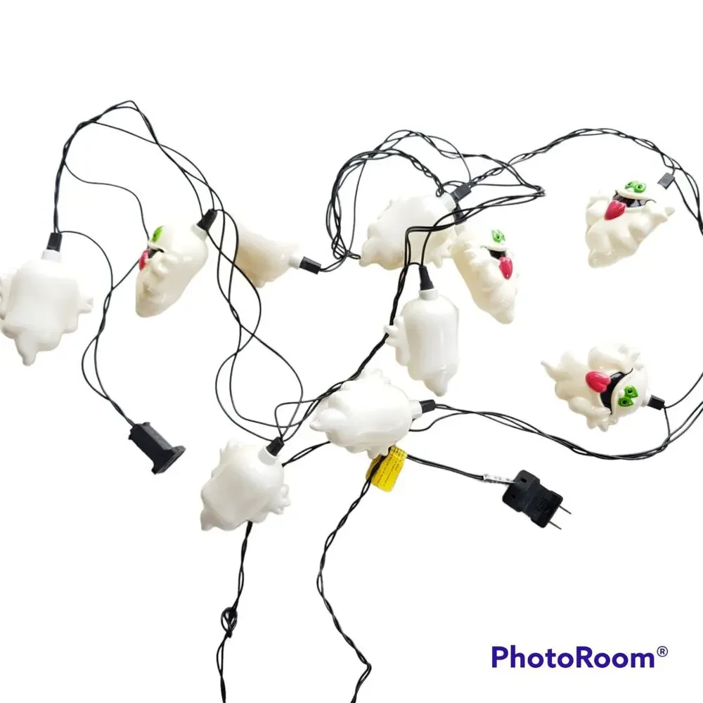 Vtg Halloween Ghost String Lights Plastic Blow Mold Set of 10 Easter Unlimited